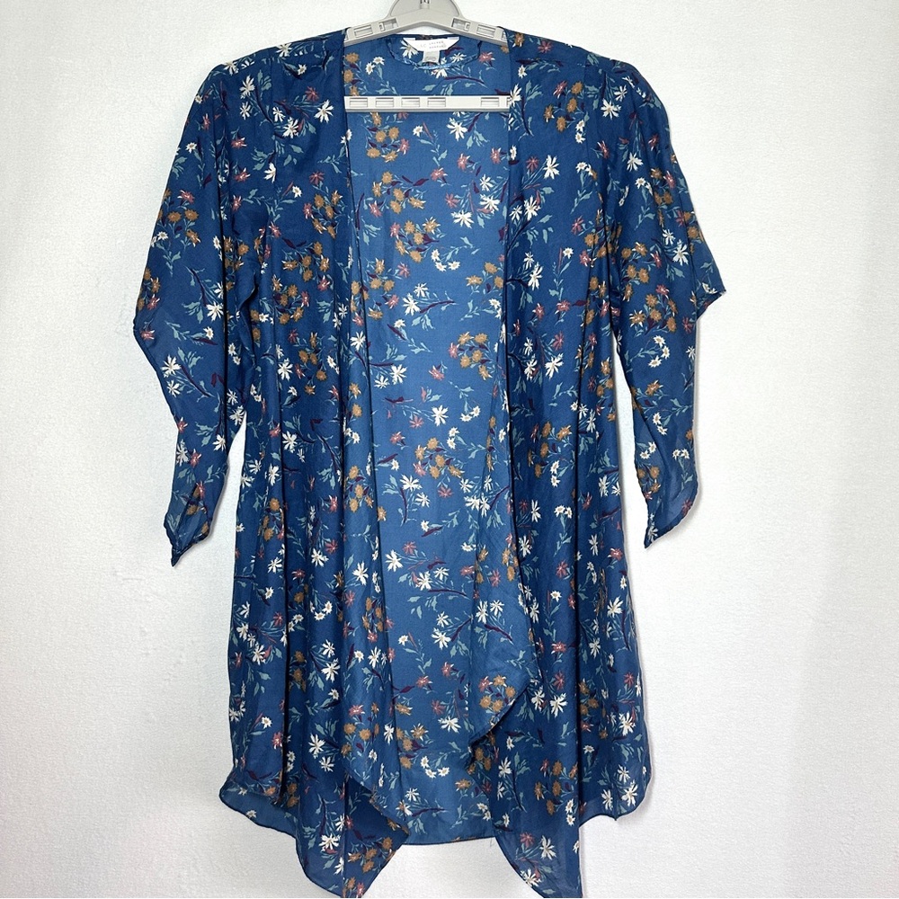LC Lauren Conrad Meadow Ditzy Kimono One Size OSFA Floral Print Sheer Blue